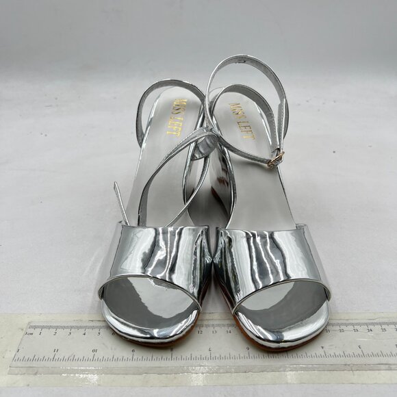 miss left Silver Open Toe Wedge High Heel Sandals Crossed Ankle Strap Shoes - Picture 3 of 8